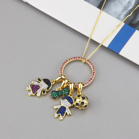 Collana Con Pendente Rame Placcato Oro Zircone Colorato Ciondoli Rimovibili Ragazzo Ragazza Calcio Fiocco Hip Hop DIY Gioielli