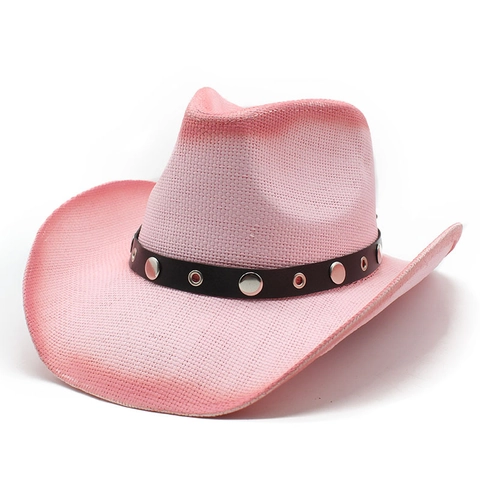 Western Cowboy Straw Hat Wide Brim Sun Protection Paper Material Leather Band Rivets Outdoor Beach Travel For Men Women