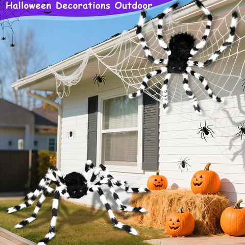 Riesen Plüschspinne Halloween Dekoration Mit Großen Weißen Netz Gruselige Spukhaus Requisiten Für Draußen