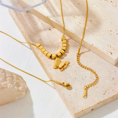 Collana Con Ciondolo A Farfalla Acciaio Al Titanio Farfalla Cubo 3D Con Perline Quadrate Catena A Serpente Tonda Gioielli