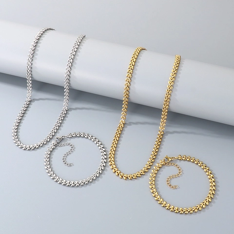 Collana E Bracciale A Catena In Foglia Di Grano Minimalista Acciaio Inossidabile Gioielli Stile Hip Hop Per Uomo Donna