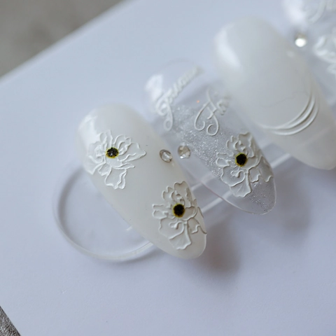 Stickers Ongles Relief Motifs Fleurs Blanches Autocollants Décoration Manucure Style Élégant Gossamer