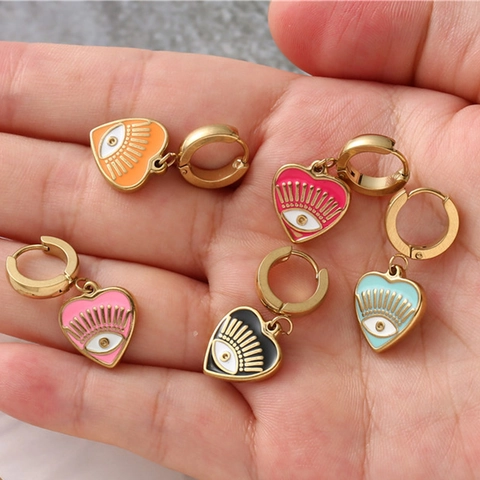 Heart Evil Eye Drop Earrings Stainless Steel Enamel Drip Oil Jewelry For Women Personality Stylish