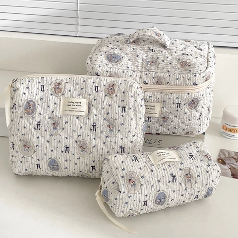 Quilted Cotton Cosmetic Bag Cute Bear Floral Portable Makeup Organizer Travel Toiletry Wash Storage Pouch Ribbon Zipper