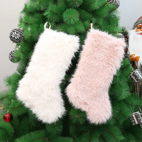 Calcetín De Navidad De Felpa De Piel Sintética Bolsa De Regalos Dulces Decoración Árbol De Navidad Colgante Color Sólido Suave