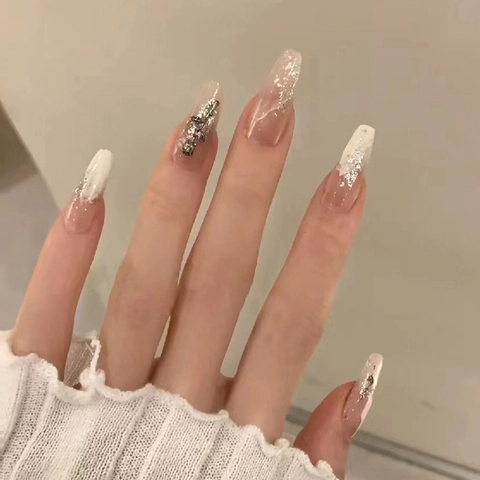 Long Coffin Press On Nails 3D Rose Flower Silver Glitter Luxury French Elegant Fake Nails For Women