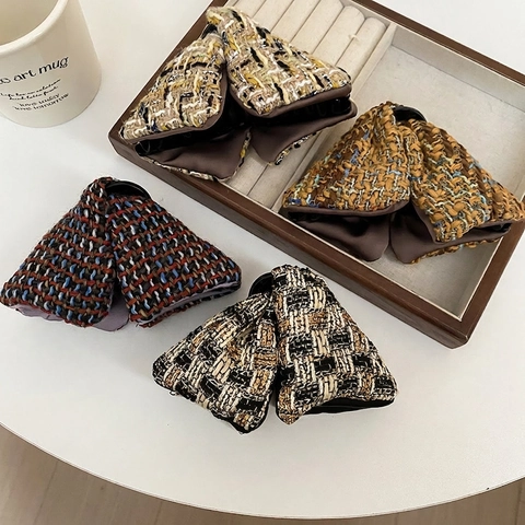 Elegante Pinza Per Capelli Con Fiocco In Tweed Clip Squalo Tessuto Scozzese Acrilico Grande Per Donna