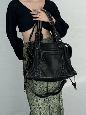 Grand Sac Cabas Vintage En Cuir PU Style Moto Femme Rétro Sac À Main Épaule Tressé Multi Poches Style Tendance