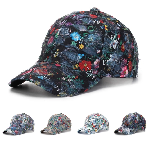 Distressed Floral Baseball Cap Retro Letter Print Adjustable Outdoor Sun Shade Hat For Women Polyester Fabric