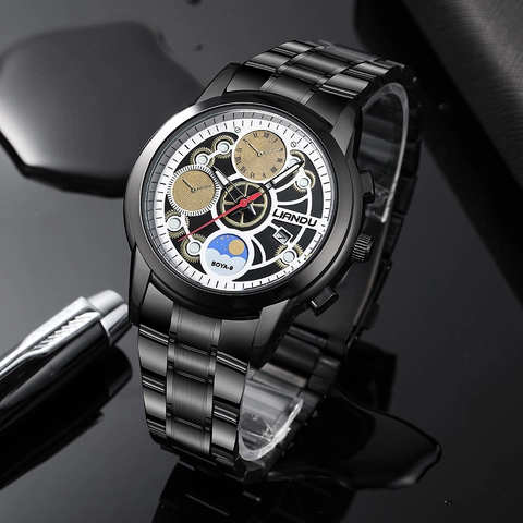 LIANDU Orologio al Quarzo Business da Uomo Quadrante con Ingranaggi Scheletrati Fasi Lunari Giorno Notte Cinturino in Acciaio