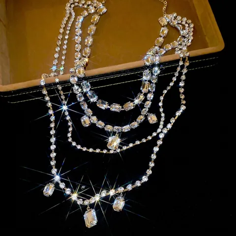 Multi Layer Necklace Copper Rhinestone Square Geometric Pendant Long Tassel Sweater Chain Luxury Fashion For Women