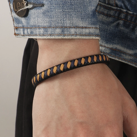 Bracciale In Vera Pelle Intrecciata Da Uomo Minimalista Multifilo Trendy Geometrico Polsino Con Chiusura Magnetica In Acciaio Inossidabile