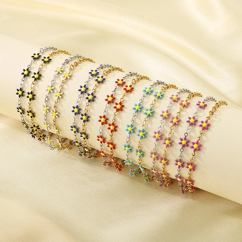 Bracelet De Cheville Fleur Marguerite Acier Inoxydable Émail Coloré Bijoux De Plage Été Pour Femmes Ajustable