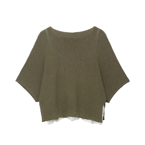 Women Round Neck Knit Top Solid Color Mid Sleeve With White Lace Hem Patchwork Casual Sweater