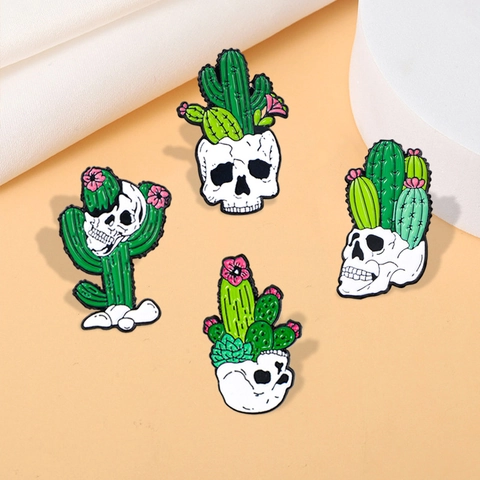 Épingle Émaillée Cactus Crâne Broche En Alliage Peint Badge Punk Gothique Créatif Pour Sac À Dos Manteau Pull Décor