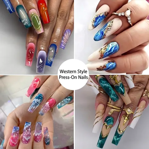 Press On Nails Sarg Ballerina Lange Quadratische Künstliche Nägel Marmor Goldfolie 3D Relief Glitzer Maniküre Modische Handdeko Für Frauen