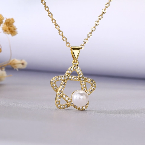 Butterfly Star Pendant Necklace Copper Gold Plated With Zircon Imitation Artificial Pearl Clavicle Chain Jewelry For Women Girls
