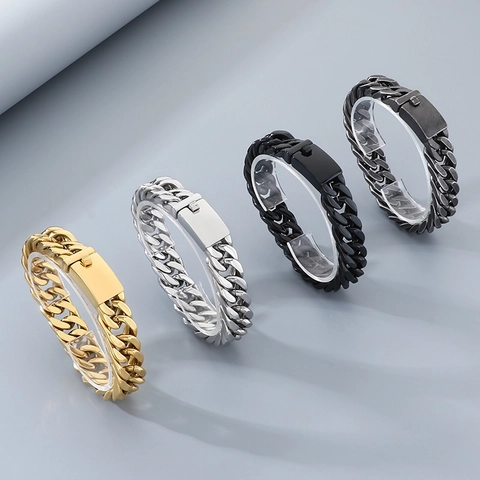 Bracciale Da Uomo Catena Cubana Acciaio Inossidabile 316L Grossa Lucida Doppia Fibbia Punk Hip Hop Gioielli