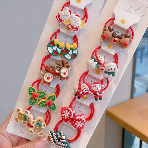 Noël Élastiques Cheveux Pinces Résine Acrylique Dessin Animé Père Noël Renne Bonhomme De Neige Rouge Accessoires Filles
