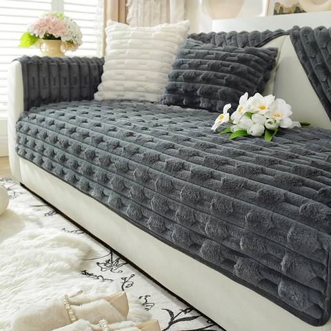 Verdickter Kaninchen Plüsch Sofaüberzug Rutschfester Kunstfell Kissen Warmer Winter Quadratisches Muster Sofabezug