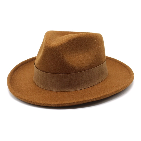 Vintage Fedora Hat Woolen Felt Wide Brim With Decorative Ribbon Band Retro British Style Unisex Jazz Cap Casual