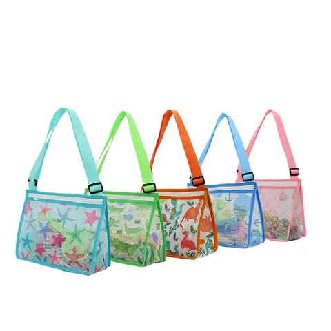 Kids Beach Mesh Bag Shell Collector Crossbody Toy Storage Adjustable Strap Cartoon Sea Creature Zippered Pouch Durable
