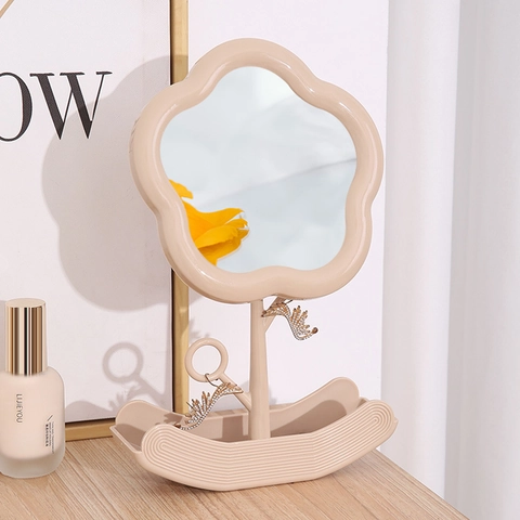 Flower Shaped Desktop Makeup Mirror With Storage Tray Jewelry Hooks Rotating Plastic Vanity Mirror For Dorm Office