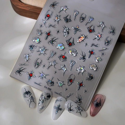 5D Reliëf Nagelstickers Halloween Gothische Spinnenweb Kruis Roos Schelpglans Laser Zilver Kristal DIY Kunst Stickers