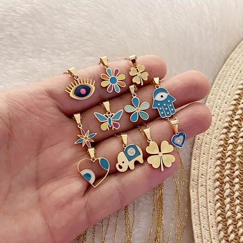Edelstahl Halskette Mit Buntem Emaille Schmetterling Elefant Hamsa Hand Evil Eye Anhänger Schmuck Für Damen