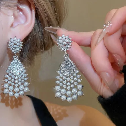 Retro Palast Stil Künstliche Perlen Hängeohrringe Mit 925 Sterling Silber Ohrstecker Strass Eingelegt Elegant Für Damen
