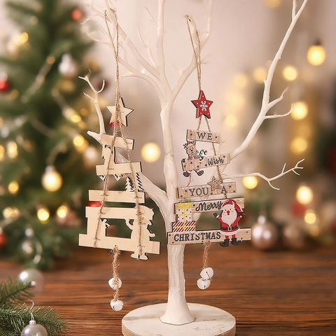 Ornamenti Natalizi In Legno A Forma Di Albero Con Campanelli Motivi Babbo Natale Pupazzo Di Neve Decorazione Casa