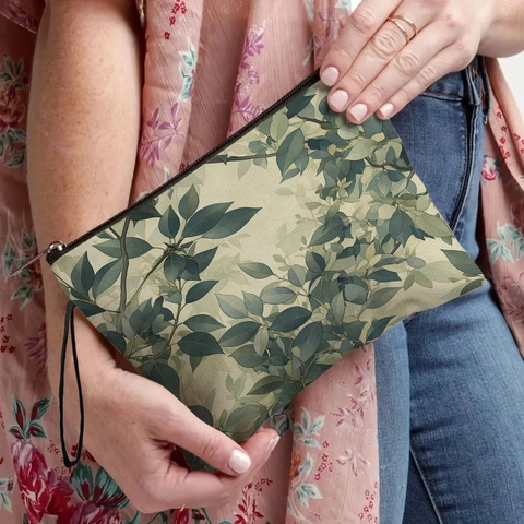 Borsa Per Trucco Con Stampa Foglie Verdi Pochette Per Cosmetici In Lino Fine Con Cerniera E Cinturino Da Polso Organizzatore Viaggio
