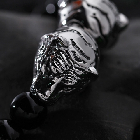 Men Beaded Bracelet Stainless Steel Animal Head Wolf Dragon Tiger Vintage Gothic Glass Beads Jewelry For Male