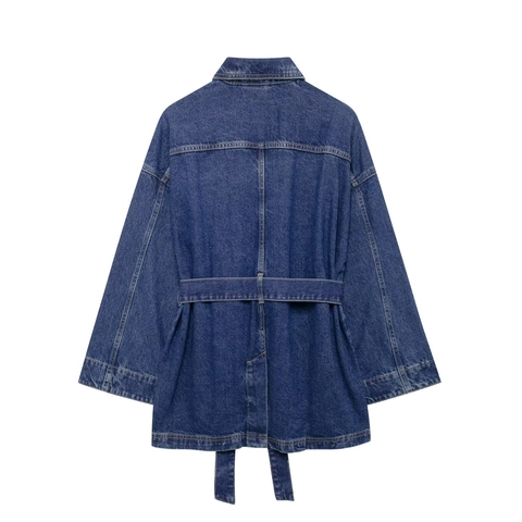 Chaqueta Vaquera Mujer Manga Larga Solapa Cinturón Media Longitud Casual Retro Color Sólido Abrigo Con Bolsillos