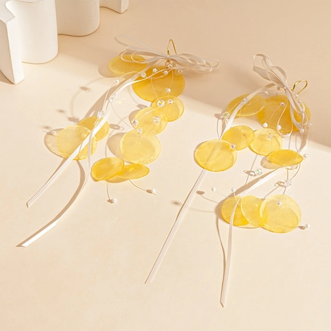 Pendientes Largos De Borla Con Lazo De Cinta Y Círculos De Concha Geométricos Estilo Dulce De Vacaciones En La Playa Mujeres