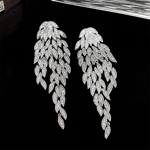 Lange Blatt-Quasten-Ohrringe Mit 925er Sterling-Silber-Ohrstecker Kupfer Zirkonia Luxus Eleganter Schmuck Für Damen