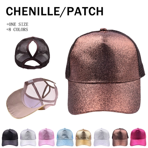 Gorra de Béisbol con Brillo para Mujer Agujero de Cola de Caballo Malla Trucker Hat Transpirable Parasole Ajustable Moda