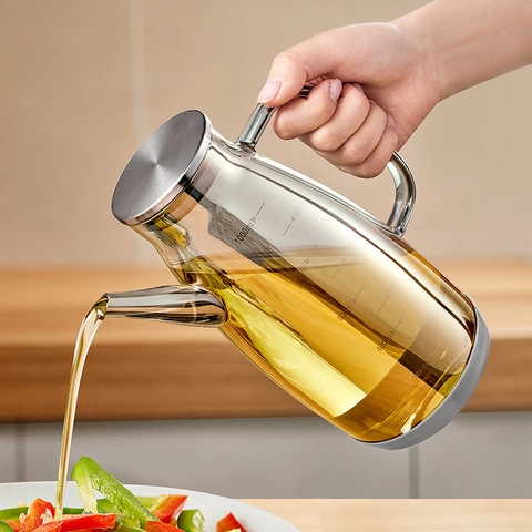 Dispensador Aceite Vidrio Con Escala Medición Tapa Acero Inoxidable Mango Antigoteo Resistente Calor Aceitera Cocina