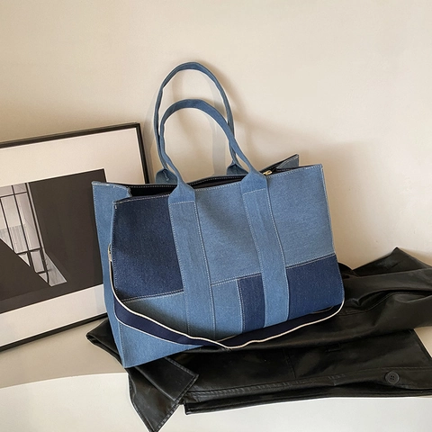 Bolso Tote De Mezclilla Patchwork Gran Capacidad Color De Contraste Bolso De Mano De Lona Para Mujer Viaje Bolso De Hombro