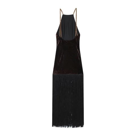 Halter Neck Velvet Midi Dress With Long Tassel Fringe Backless Elegant Evening Party Slim Fit Solid Color For Women