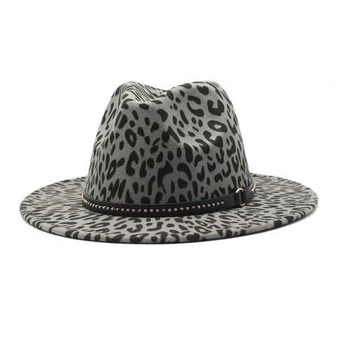 Leopard Print Fedora Hoed Wolvilt Brede Rand Klinknagel Riem Vintage Western Jazz Hoed Unisex