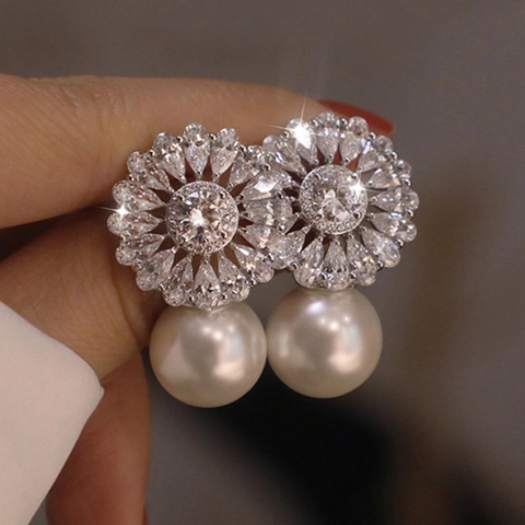 Barock Blume Zirkonia Künstliche Perle Ohrhänger Für Damen Kupfer Eingelegter Schmuck Hochzeit Bankett Zubehör Gold Silber