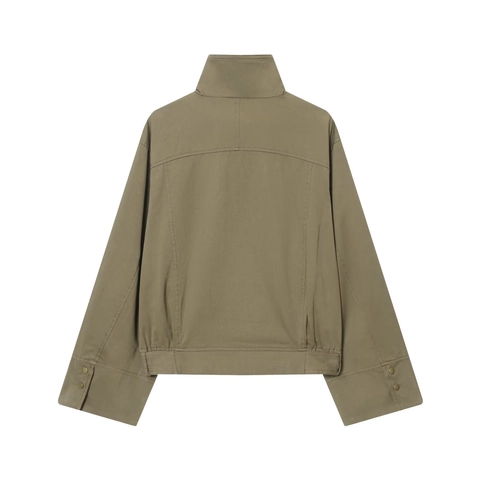 Cortavientos Corto Mujer Algodón Cuello Alto Cinturón Chaqueta Utilitaria Asimétrica Color Sólido Manga Larga