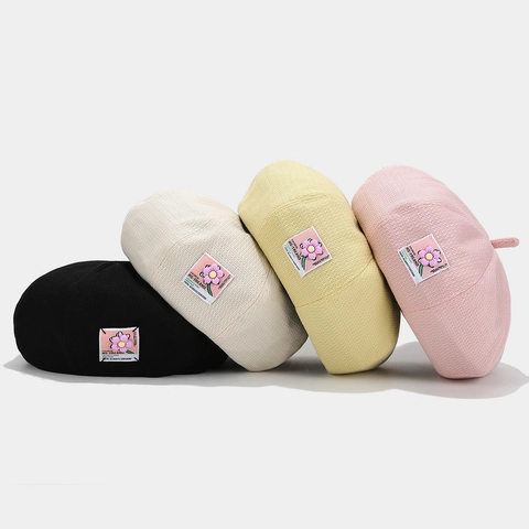 Women Cotton Waffle Knit Beret Hat Retro Painter Cap With Flower Patch Adjustable Solid Color Literary Style For Lady