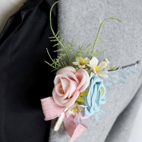 Elegant Artificial Satin Rose Boutonniere For Groom Bride Wedding Party Accessories Pink Blue Flower Brooch Pins