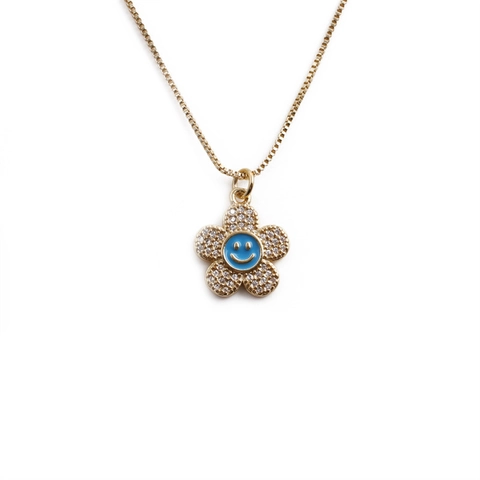 Collier Pendentif Fleur Visage Souriant Cuivre Zircon Émail Plaqué Or Chaîne De Boîte Bijoux Mode Cadeau Pour Femmes