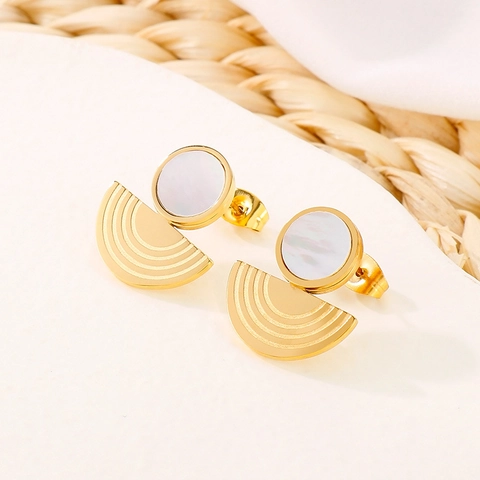 Geometric Fan Stud Earrings Gold Plated Stainless Steel With Mother Of Artificial Pearl Inlay Minimalist Semi Circle Jewelry For Women
