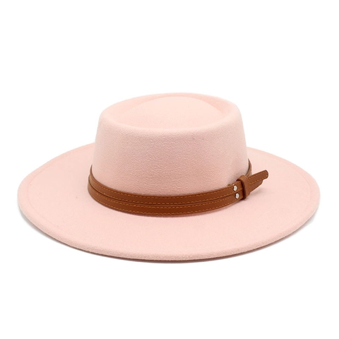 Vintage Boater Hat Flat Top Wool Felt Wide Brim British Style Women Elegant Belt Buckle Fedora Autumn Winter