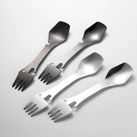 Multifunctional Spork Stainless Steel Integrated Camping Cutlery With Bottle Opener For Outdoor Hiking Portable