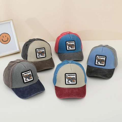 Gorra De Béisbol Para Niños Algodón Lavado Parche De Dinosaurio Bloque De Color Ajustable Sombrero De Sol Para Niños Y Niñas